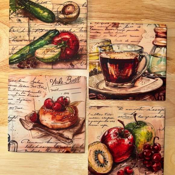 Handmade Vintage Style Fruit and Coffee Ceramic Tile Coasters - Picture 1 of 8